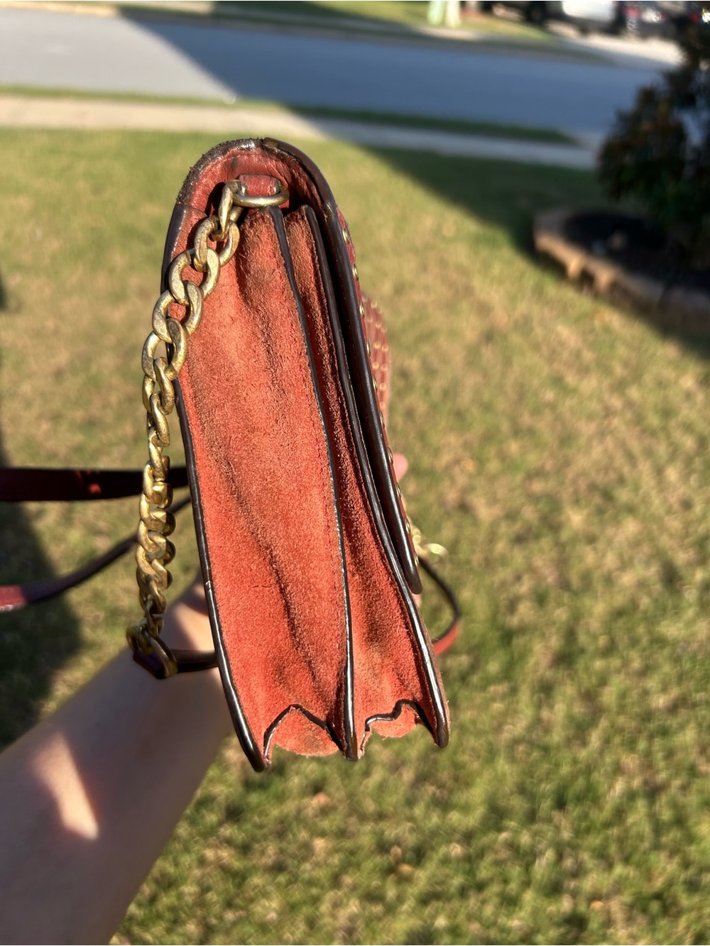 Vintage Michael  Kors Astor Rust/Burnt Orange Leather & Suede Grommet Chain - Picture 5 of 15